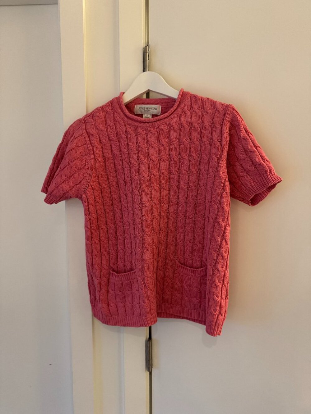 VINTAGE JONES NEW YORK SPORT PINK SHORT SLEEVE 100% COTTON BRAIDED SWEATER M